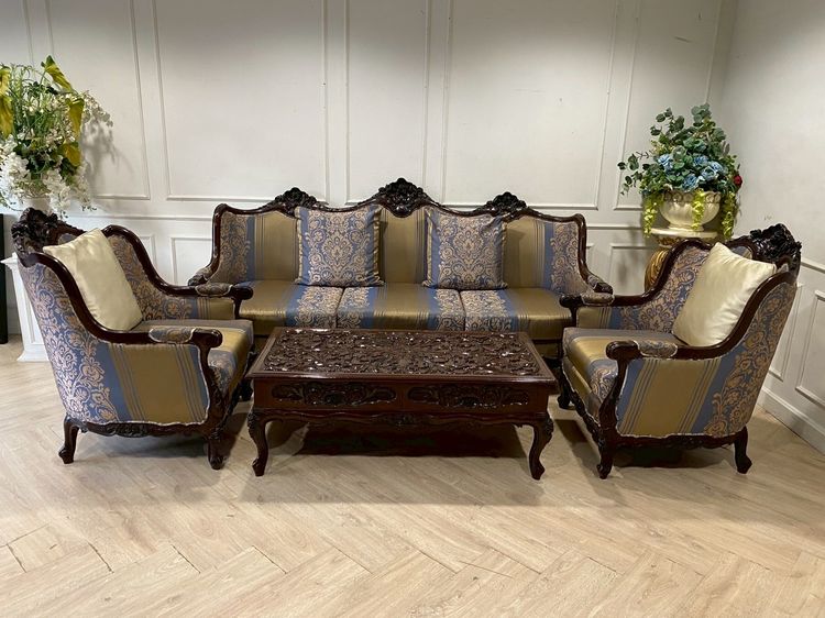 4+ ที่นั่ง ชุดโซฟาหลุยส์ไม้ เบาะผ้า สีทอง