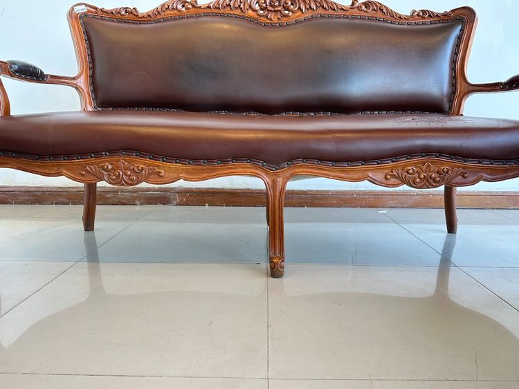 ชุดรับแขกไม้สักแกะสลัก สไตล์วินเทจ เบาะหนัง PU สีน้ำตา รูปที่ 10