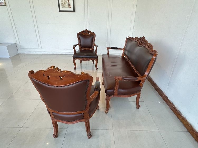 ชุดรับแขกไม้สักแกะสลัก สไตล์วินเทจ เบาะหนัง PU สีน้ำตา รูปที่ 5