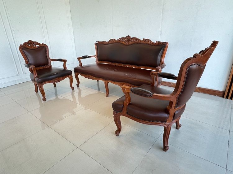 ชุดรับแขกไม้สักแกะสลัก สไตล์วินเทจ เบาะหนัง PU สีน้ำตา รูปที่ 4