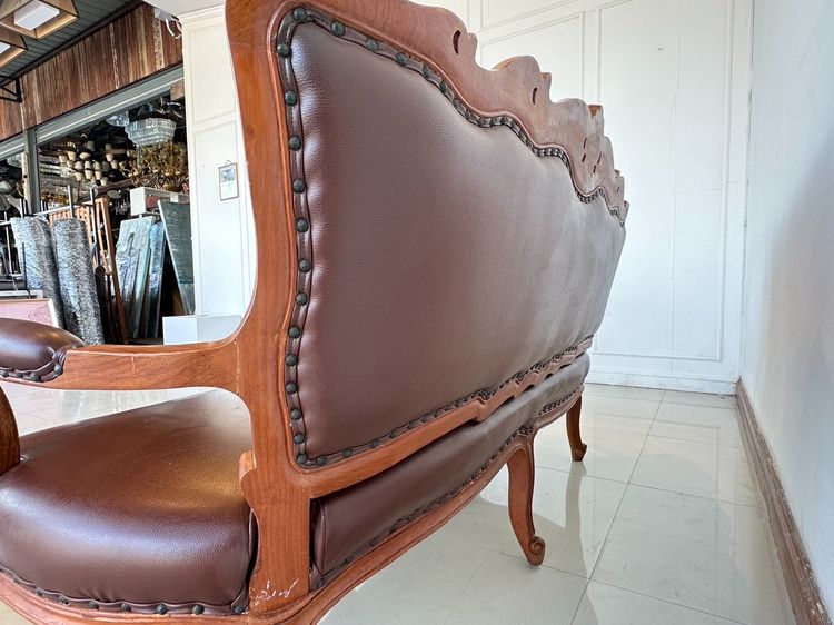 ชุดรับแขกไม้สักแกะสลัก สไตล์วินเทจ เบาะหนัง PU สีน้ำตา รูปที่ 6