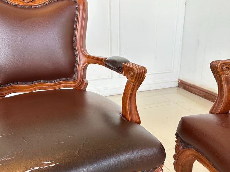 ชุดรับแขกไม้สักแกะสลัก สไตล์วินเทจ เบาะหนัง PU สีน้ำตา รูปที่ 15