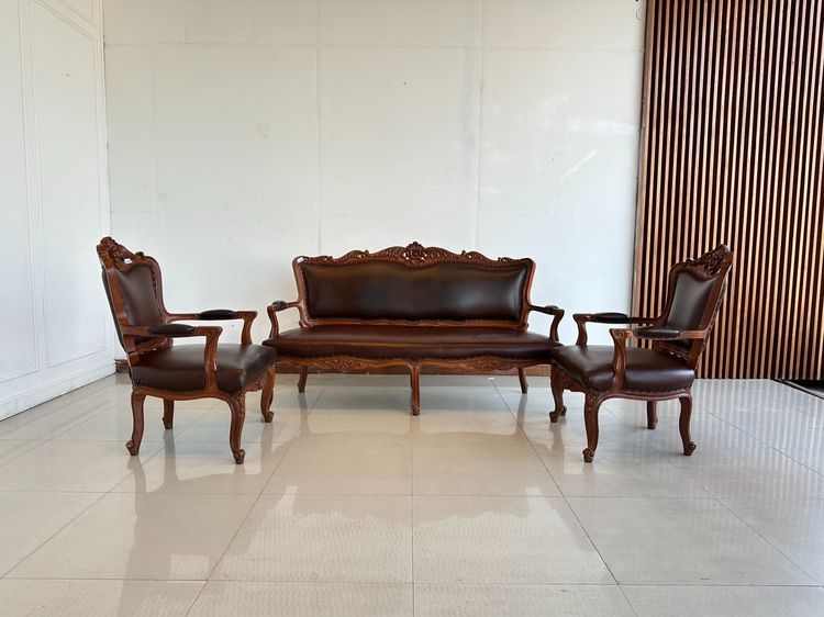 ชุดรับแขกไม้สักแกะสลัก สไตล์วินเทจ เบาะหนัง PU สีน้ำตา