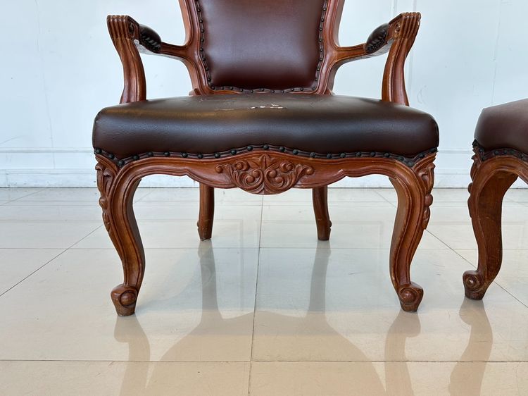 ชุดรับแขกไม้สักแกะสลัก สไตล์วินเทจ เบาะหนัง PU สีน้ำตา รูปที่ 16