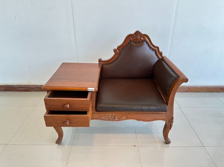 เก้าอี้อาร์มแชร์ไม้สัก เบาะหนัง PU สีน้ำตาล ขอบเบาะตอกหมุดเหล็ก  รูปที่ 12