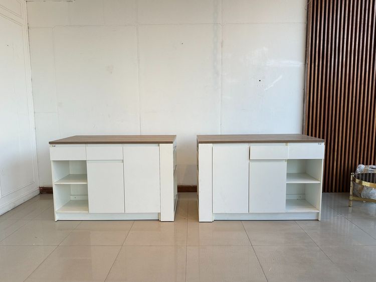 ตู้ไอซ์แลนด์ 2 บานเปิด 2 ลิ้นชัก โครงไม้ MDF ท็อปสีบีชลายไม้ โครงสีขาว 