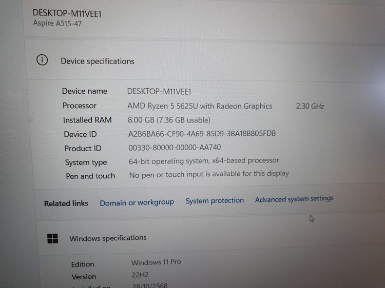 Notebook Acer  AMD Ryzen 5  5625U  มือสอง รูปที่ 9