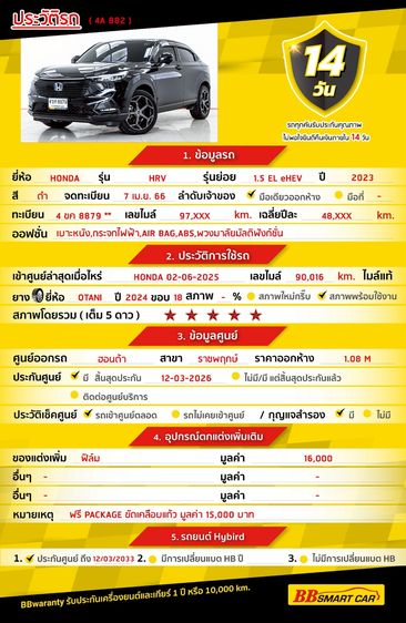 Honda HR-V 2023 1.5 EL e:HEV Utility-car ไฮบริด ไม่ติดแก๊ส เกียร์อัตโนมัติ ดำ รูปที่ 2