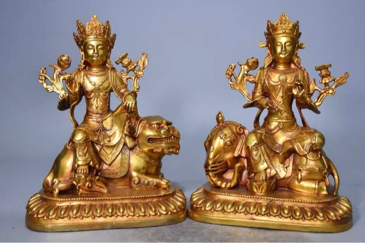 ✨รูปปั้นพระโพธิ์สัตว์มัญชศรี“สมันตภัทร กละอโวโลกิเตศวรขี่สิงโตและช้างทิเบต