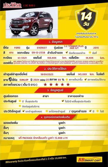 Ford Everest 2015 3.2 Titanium Plus 4WD Utility-car ดีเซล ไม่ติดแก๊ส เกียร์อัตโนมัติ แดง รูปที่ 2