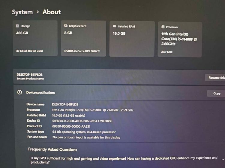 คอมยกชุดพร้อมจอ CPU I5 Gen11 RTX3070Ti 8GB Ram16GB M.2 500GB รูปที่ 4