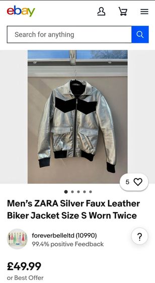 แจ็คเก็ตหนังเทียมสีเงินทรงไบเกอร์สำหรับผู้ชายจาก ZARA มือสอง รูปที่ 9
