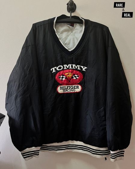 ดำ XL แขนยาว สเวตเชิ้ต 🏁 Rare Vintage Tommy Hilfiger Racing Pullover Jacket 🏁