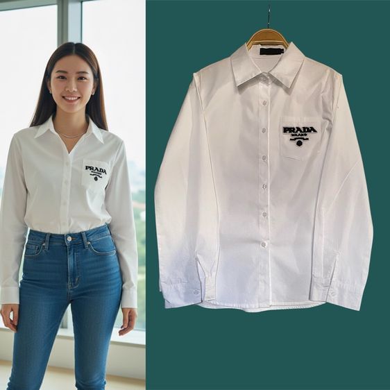 แขนยาว ขาว L เสื้อเชิ้ตและเสื้อผู้หญิง Prada  อก38“