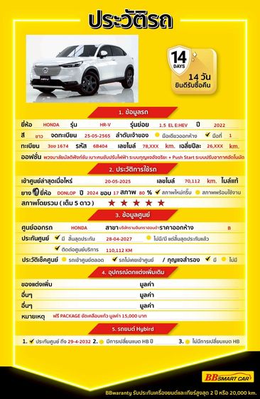 Honda HR-V 2022 1.5 EL e:HEV Utility-car ไฮบริด ไม่ติดแก๊ส เกียร์อัตโนมัติ ขาว รูปที่ 2