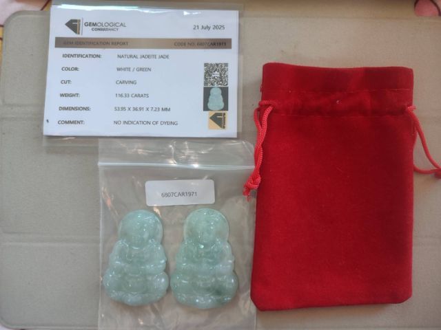 หยกพม่าแท้แกะสลักเจ้าแม่กวนอิม สี white green 116.33กระรัต รูปที่ 5