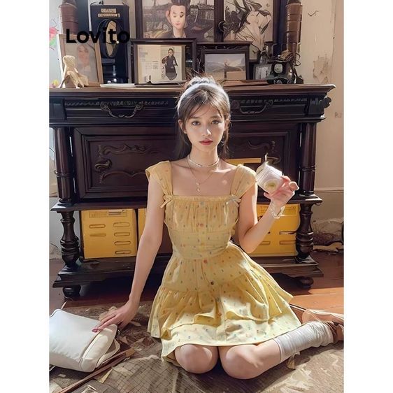 เดรสลายจุดสีเหลืองสดใส💛 (เทียบมือ1)