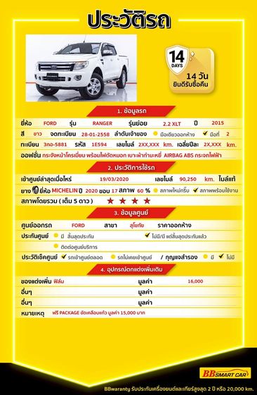 Ford Ranger 2015 2.2 Hi-Rider XLT Pickup ดีเซล ไม่ติดแก๊ส เกียร์อัตโนมัติ ขาว รูปที่ 2