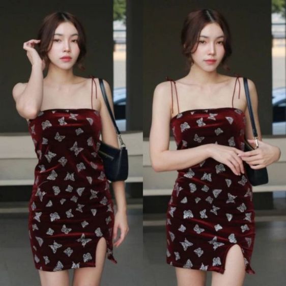 เดรสปาร์ตี้สีแดงเลือดหมูผ้ากำมะหยี่เซ็กซี่ มือหนึ่ง ราคา 150 รูปที่ 2