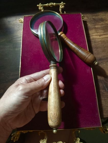 แว่นขยายทองเหลืองเก่าโบราณเลนส์แก้วด้ามไม้จริงสภาพเยี่ยม รูปที่ 4