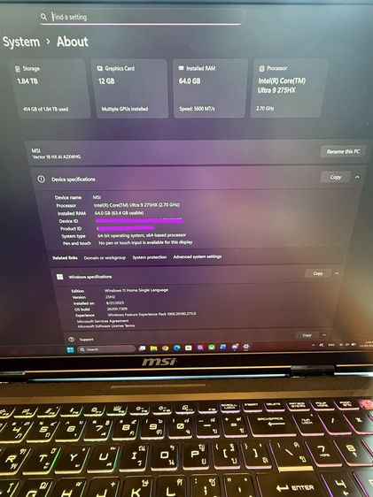 MSI VECTOR 18 HX AI A2XW RTX 5070 Ti 12GB RAM 64GB (อัป ram และ ssd m.2 แล้ว) รูปที่ 9