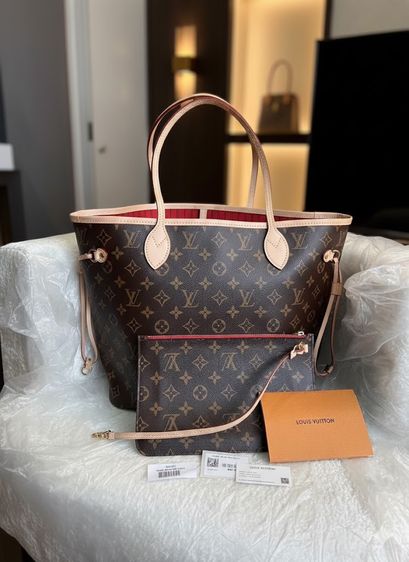 หนังแท้ หญิง น้ำตาล กระเป๋า Louis Vuitton Neverfull mm dc23 microchip 