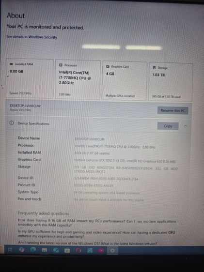 Acer Aspire VX 15 (VX5-591G)CPU: Intel Core i7-7700HQ รูปที่ 4