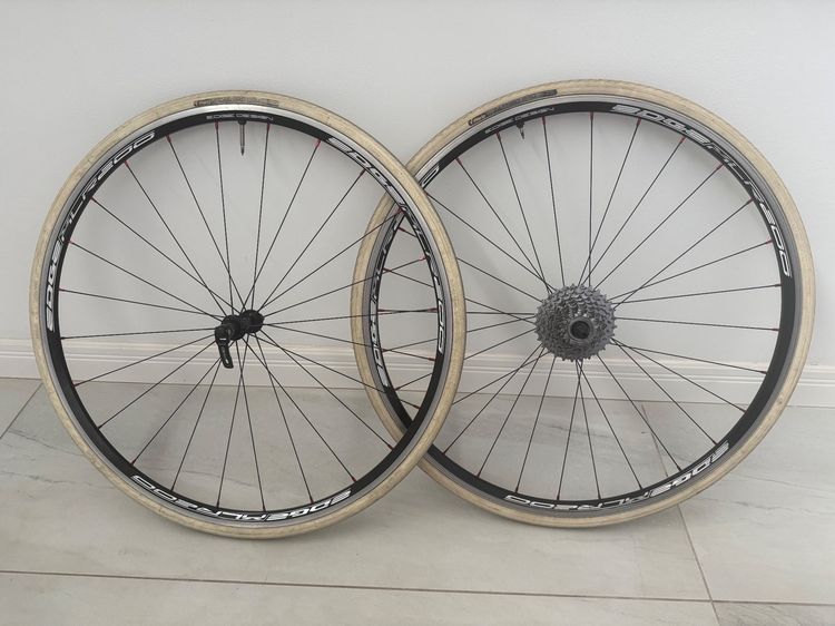 Pair of racing bicycle wheels .