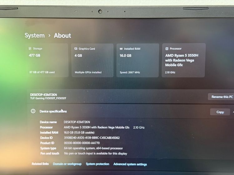 Asus tuf gaming ryzen 5 3550H ram 16gb vga gtx 1650 4gb m.2 512gb จอ 15.6 144hz แบตทน เครื่องดี รูปที่ 9
