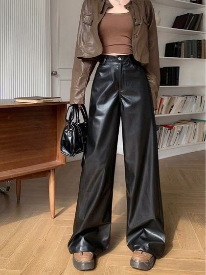 ดำ XXL กางเกงหนัง PU เอวด้านหลังสม็อค