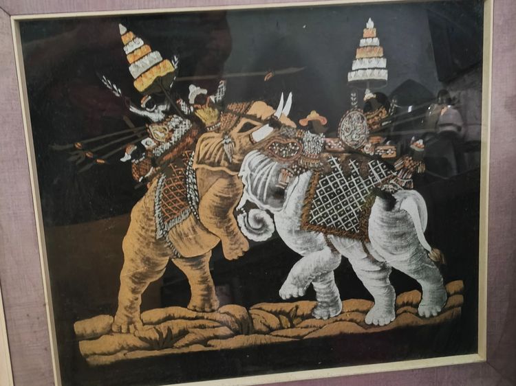 ภาพประติมากรรม Vintage Thailand Elephant Warriors Framed Silk Painting" รูปที่ 2