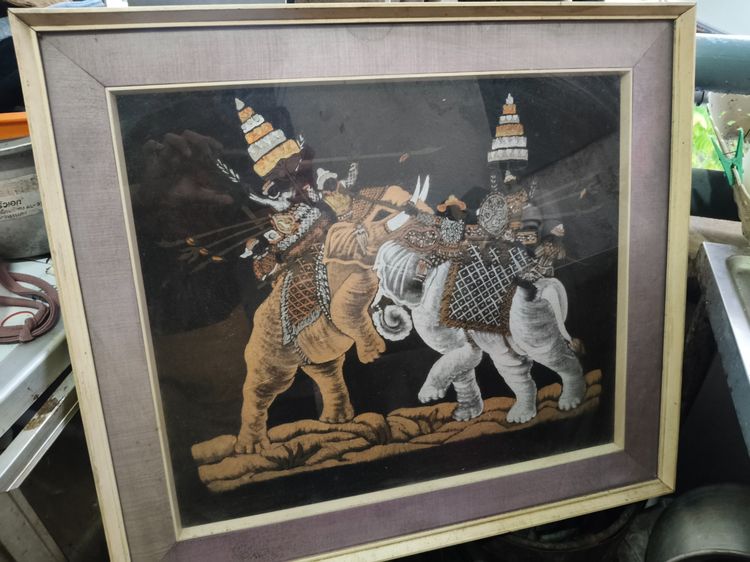 ภาพประติมากรรม Vintage Thailand Elephant Warriors Framed Silk Painting" รูปที่ 3