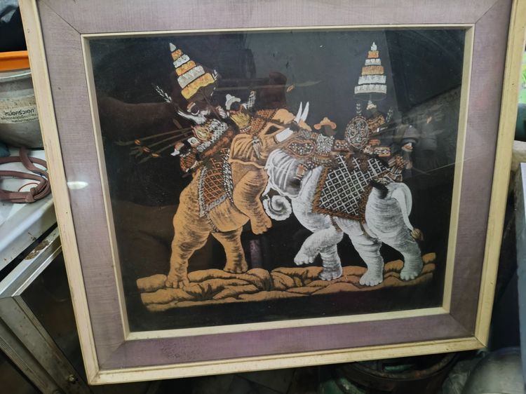ภาพประติมากรรม Vintage Thailand Elephant Warriors Framed Silk Painting"