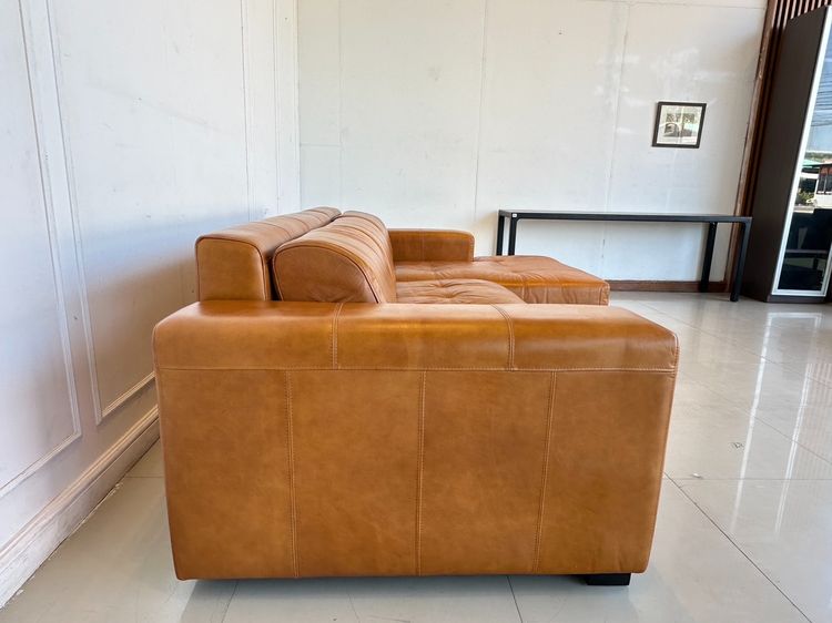 โซฟาแอล เบาะหนังแท้สีน้ำตาล โครงขาไม้จริง รูปที่ 7