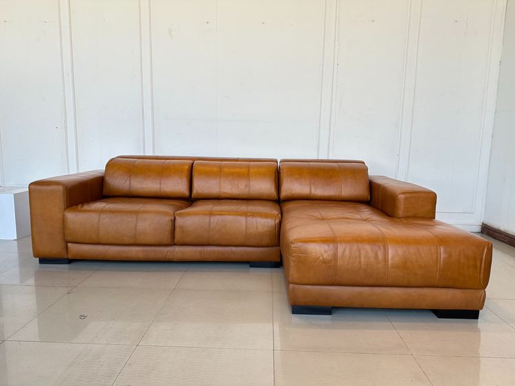 โซฟาแอล เบาะหนังแท้สีน้ำตาล โครงขาไม้จริง รูปที่ 2