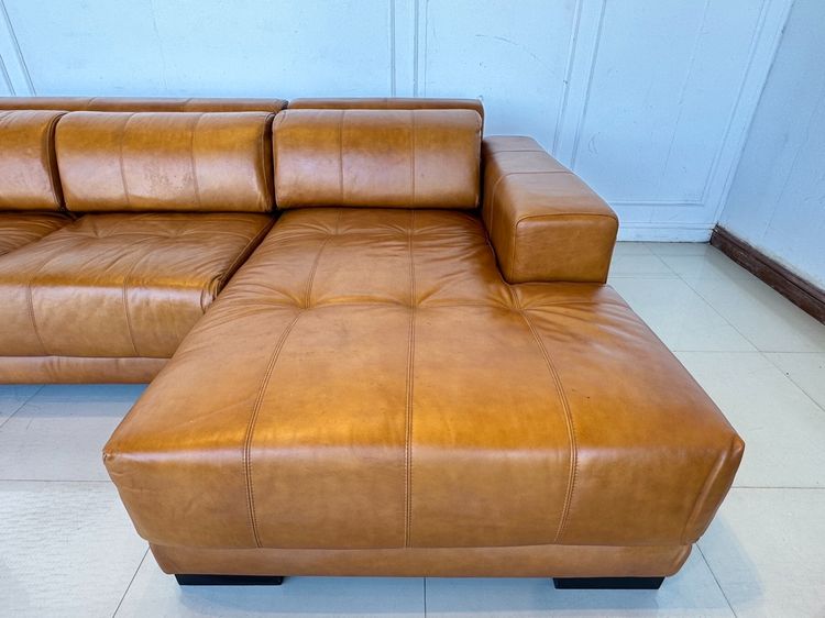 โซฟาแอล เบาะหนังแท้สีน้ำตาล โครงขาไม้จริง รูปที่ 11