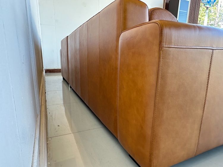 โซฟาแอล เบาะหนังแท้สีน้ำตาล โครงขาไม้จริง รูปที่ 8