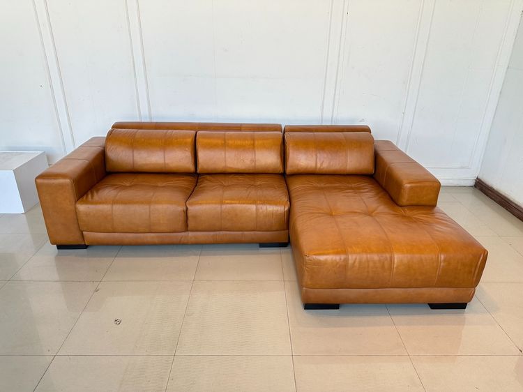 โซฟาแอล เบาะหนังแท้สีน้ำตาล โครงขาไม้จริง รูปที่ 3