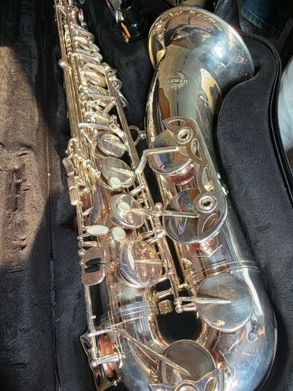 Tenor saxophone COLMAN silver plate color. สภาพเยี่ยม ไม่มีลอก นวมยังใช้ได้อีกยาวๆ mouth MIDWAY 4C รูปที่ 5