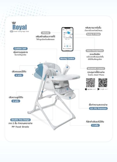 Royal Smart Swing High Chair 2in1 ตัวเดียวจบ เปลไกวอัตโนมัติ และ เก้าอี้ทานข้าว
ผู้ช่วยคุณแม่ยุคใหม่ ดูแลลูกน้อยตั้งแต่แรกเกิด รูปที่ 6