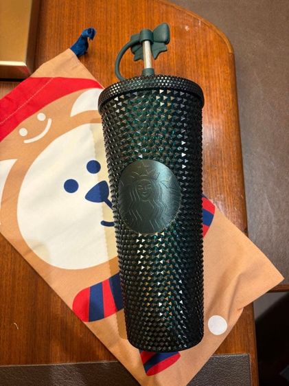Starbucks Forest Green with Ribbon Stopper Bling Cold Cup 24oz.  ทัมเบลอร์ สตาร์บัคส์