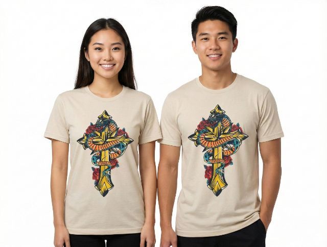 แขนสั้น เสื้อทีเชิ้ต เสื้อยืดลายงูไขว้กางเขน Cross Snake Graphic T-Shirt (XL)