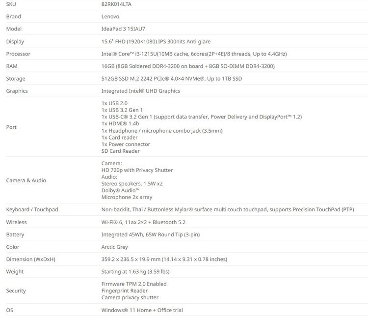 Lenovo IdeaPad 3 15IAU7 i3-1215U 16GB 512GB SSD 15.6 Win11Home สวย ดี ปกติทุกอย่าง รูปที่ 9