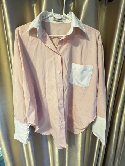 เสื้อเชิ้ตแขนยาวลายทางชมพูขาว
