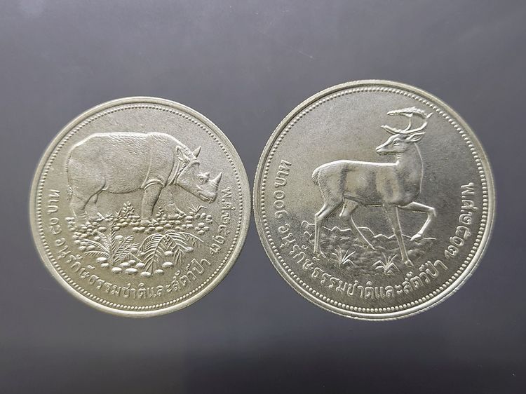 เหรียญเงิน 50-100 บาท ชุดส่งเสริมการอนุรักษ์ธรรมชาติและสัตว์ป่า ละมั่ง กระซู่ พ.ศ.2517 รูปที่ 2