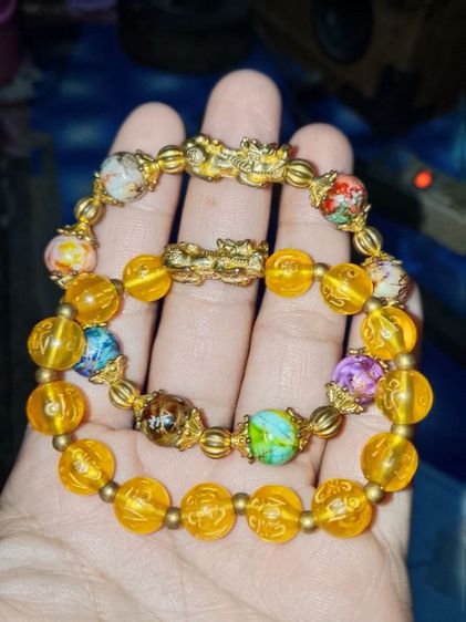 สร้อยข้อมือ กำไลปี่เซียะทอง14kกับหินสีมงคลเสริมดวง