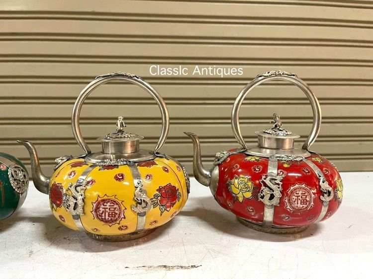 กาน้ำชา ฟักทอง กระเบื้องหุ้มกะไหล่เงิน รูปที่ 4