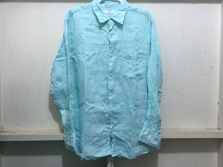 XL เสื้อเชิ้ตแขนยาว ผ้าลินิน แบรนด์ UNIQLO สีเขียวพาสเทล