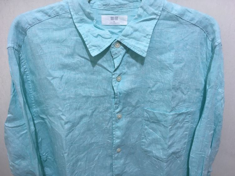 เสื้อเชิ้ตแขนยาว ผ้าลินิน แบรนด์ UNIQLO สีเขียวพาสเทล รูปที่ 3