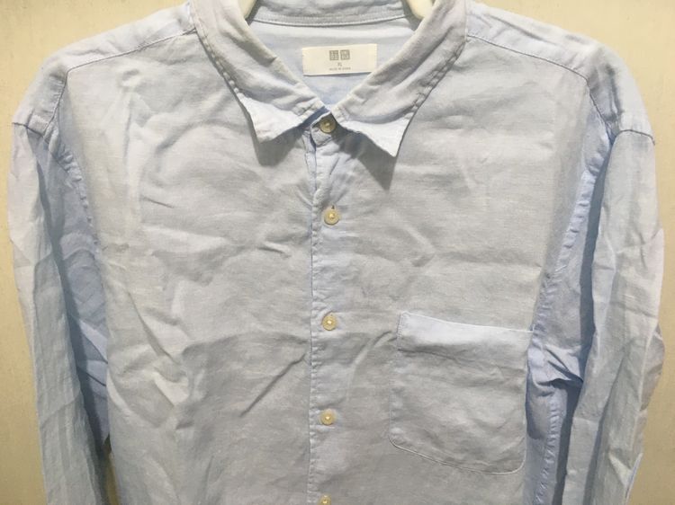เสื้อเชิ้ตแขนยาว ผ้าลินิน แบรนด์ UNIQLO สีฟ้าพาสเทล รูปที่ 3